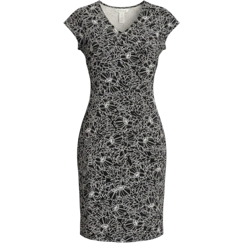 Sahalie Black White Floral V-Neck Sheath Dress Cotton Blend Cap Sleeve Size L
